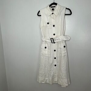 Vintage White Linen Sleeveless Trench Dress Belted Midi with‎ Pockets Size 8
